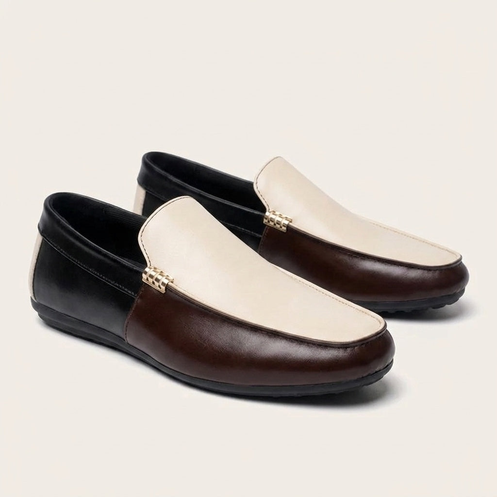 Stresa Two-Tone Loafers — Cream & Brown, three-quarter studio view