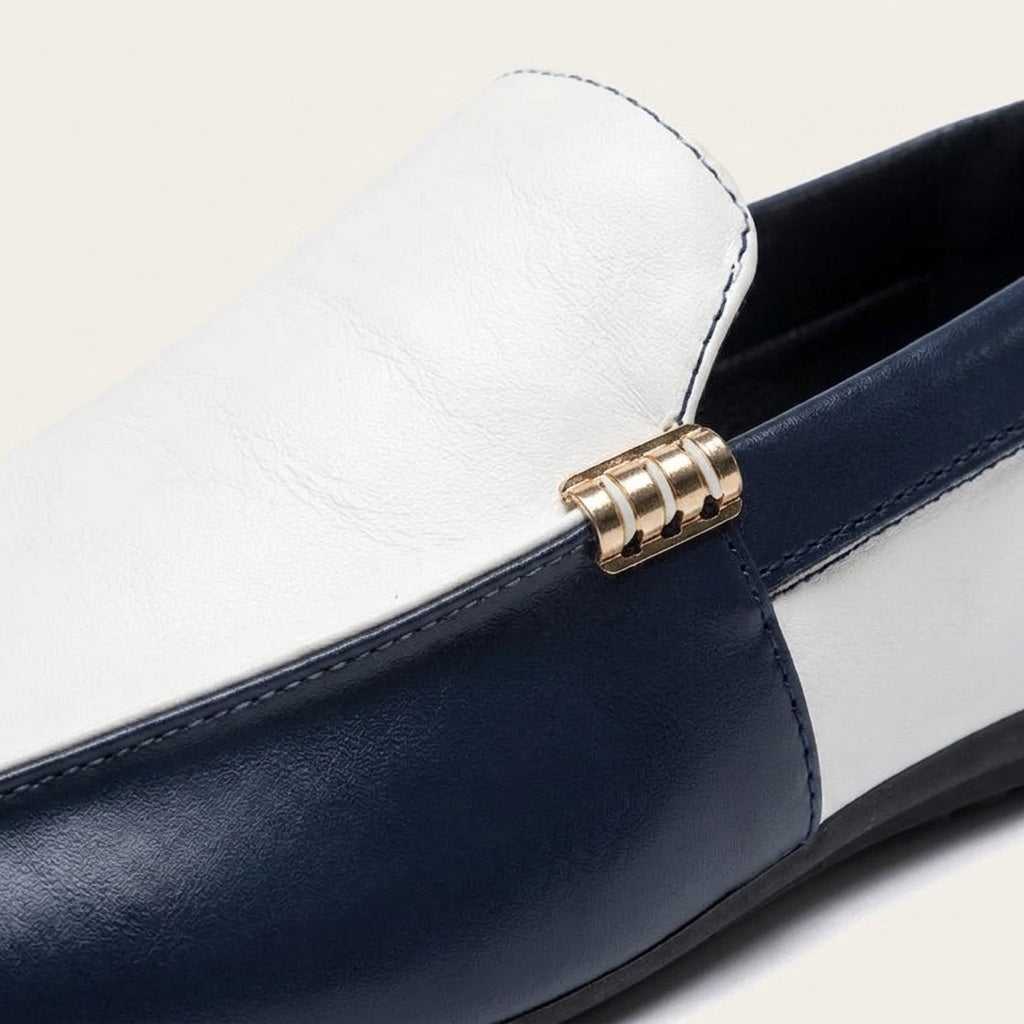Stresa Two-Tone Loafers — Navy & White, gold vamp bar close-up