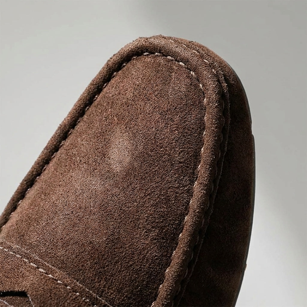 Lavagna Suede Loafers — Brown, hand-stitched seam close-up