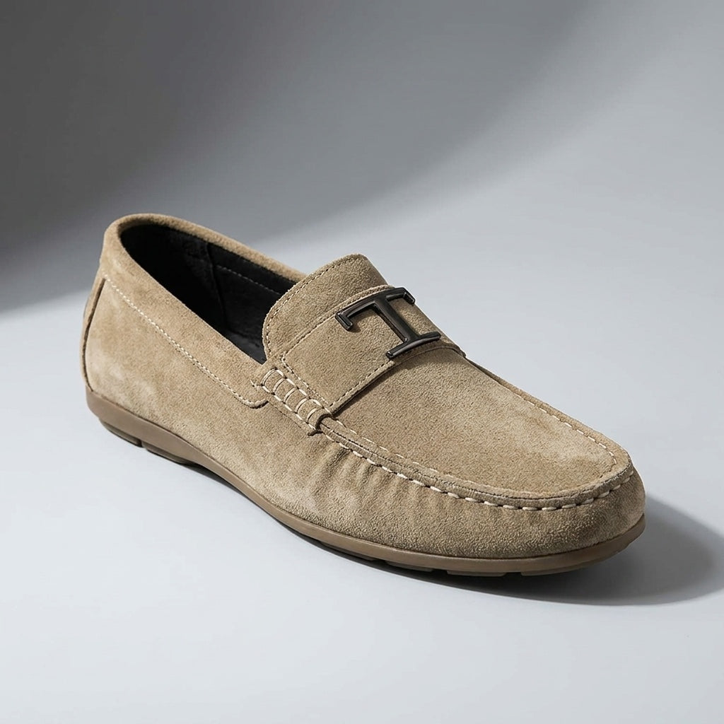 Lavagna Suede Loafers — Khaki, three-quarter studio view