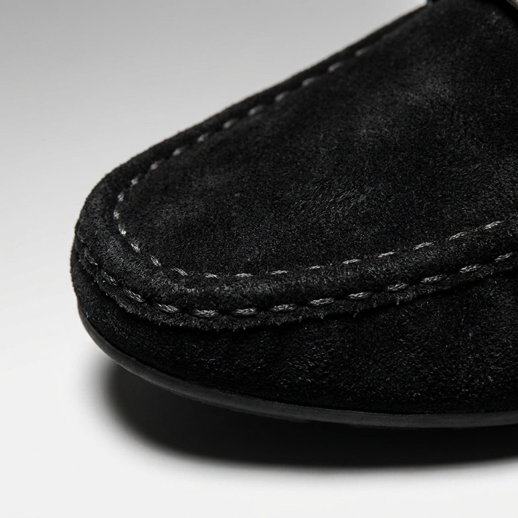 Lavagna Suede Loafers — Black, hand-stitched seam close-up