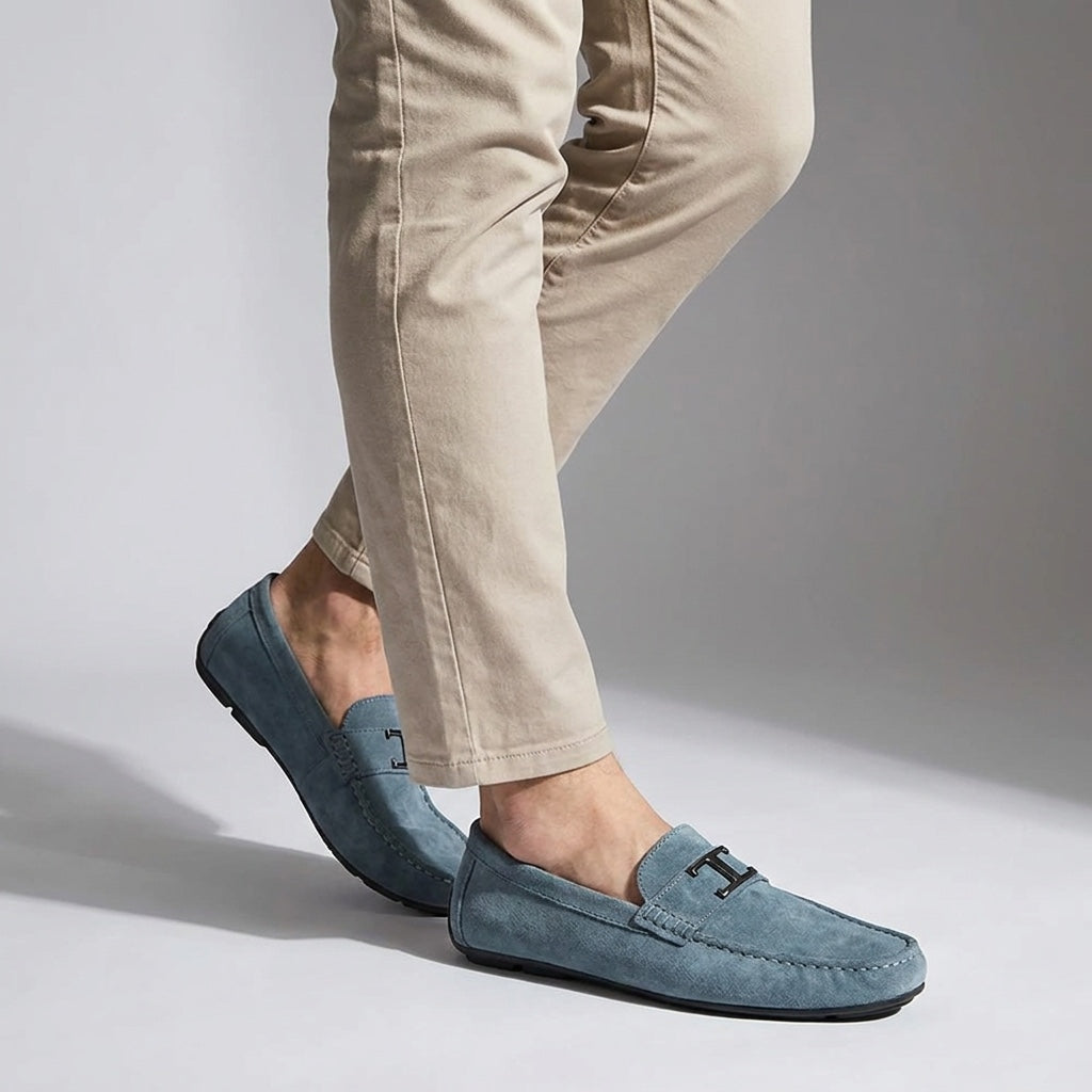 Lavagna Suede Loafers — Blue, male model knee-down studio