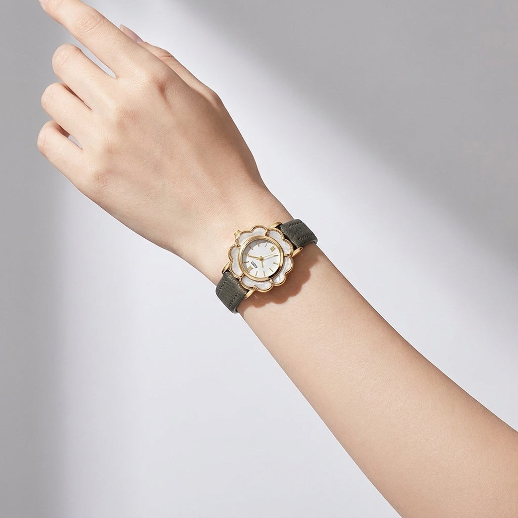 Bevagna Flower Watch — Grey, wrist studio shot