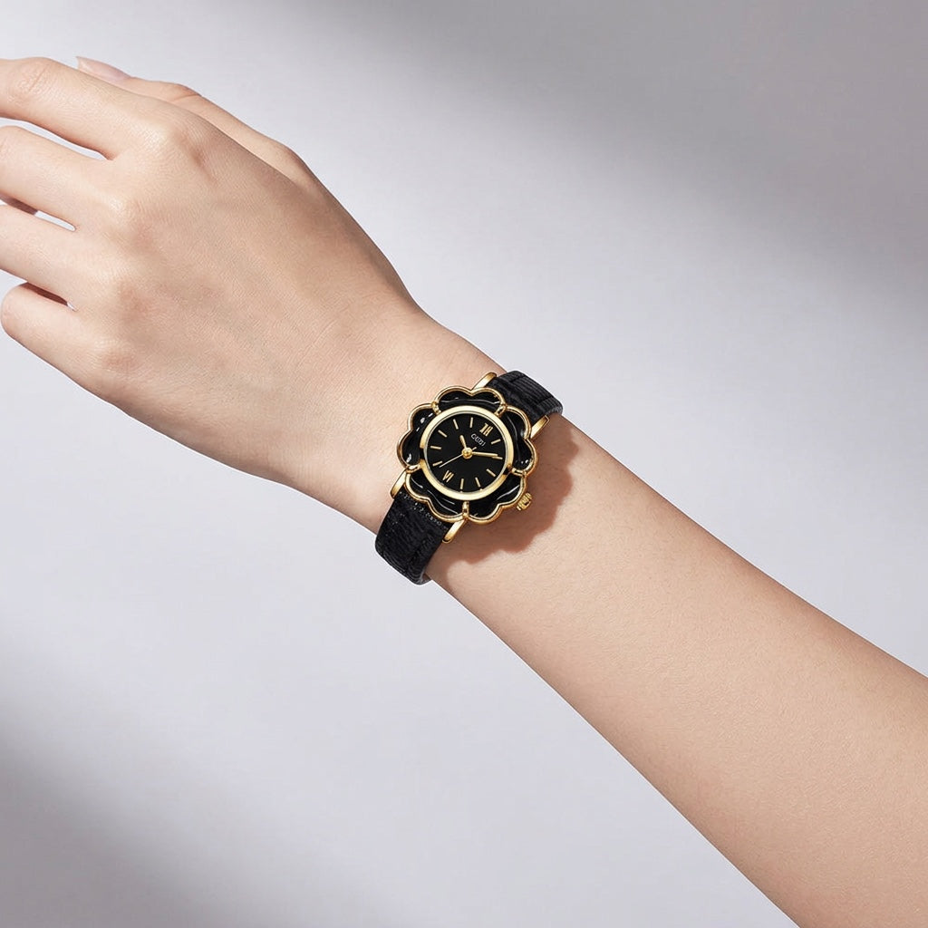 Bevagna Flower Watch — Black, wrist studio shot