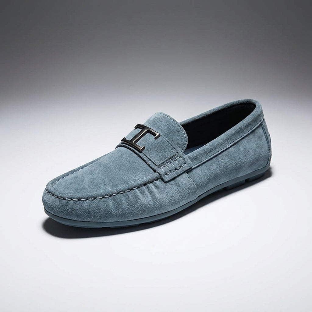 Lavagna Suede Loafers — Blue, three-quarter studio view
