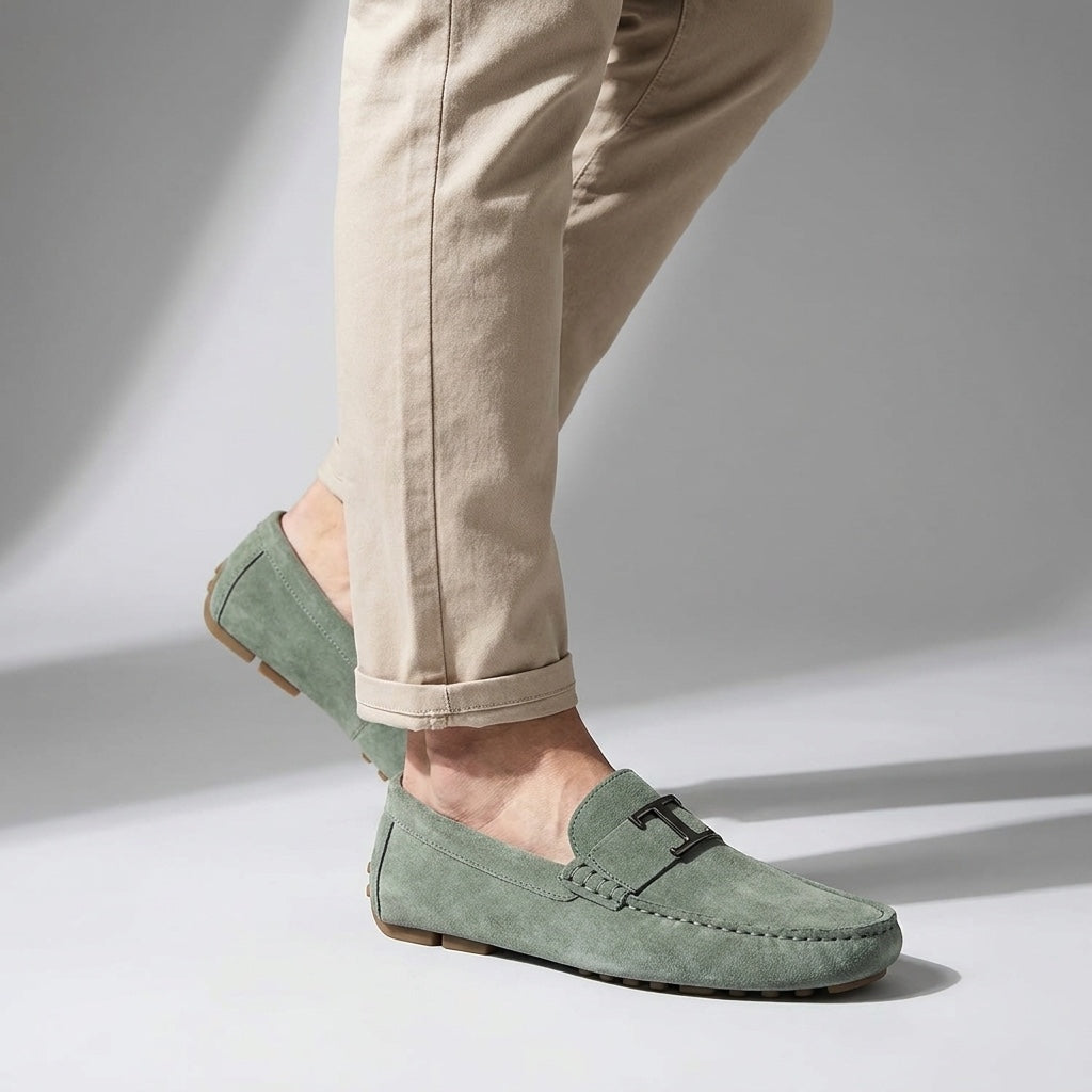 Lavagna Suede Loafers — Green, male model knee-down studio