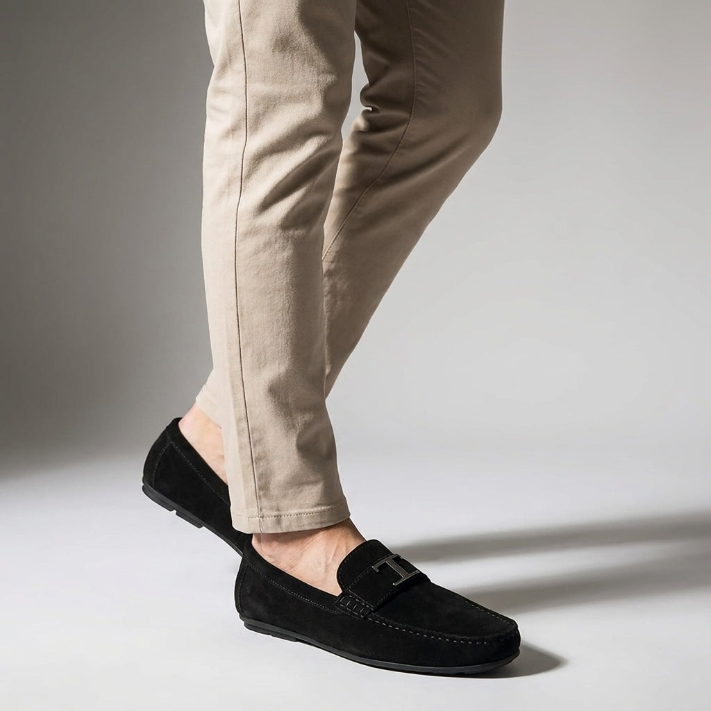 Lavagna Suede Loafers — Black, male model knee-down studio
