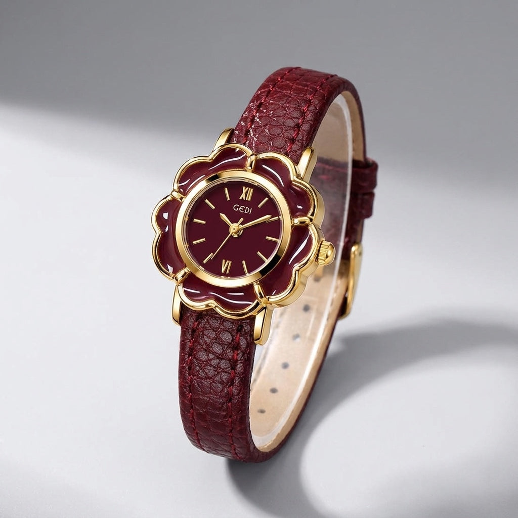 Bevagna Flower Watch — Red, three-quarter studio view