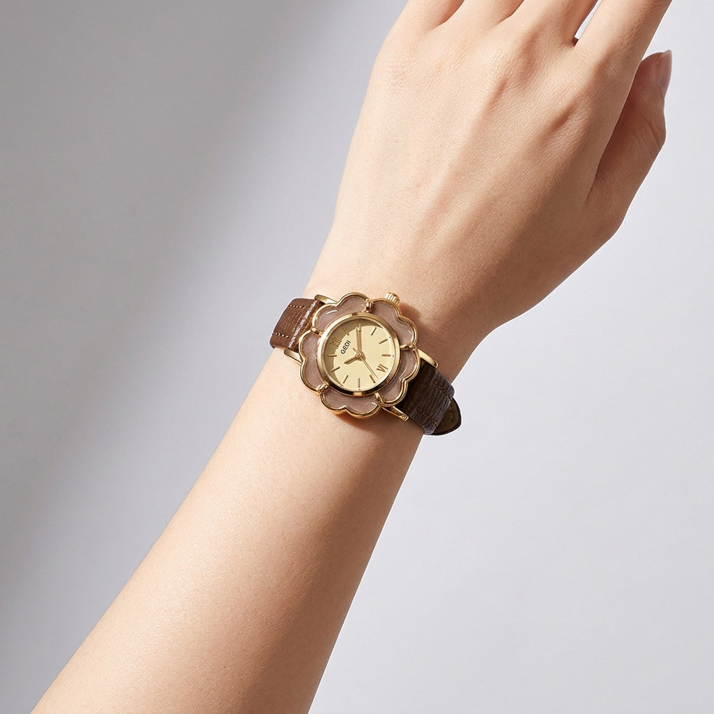 Bevagna Flower Watch — Coffee, wrist studio shot