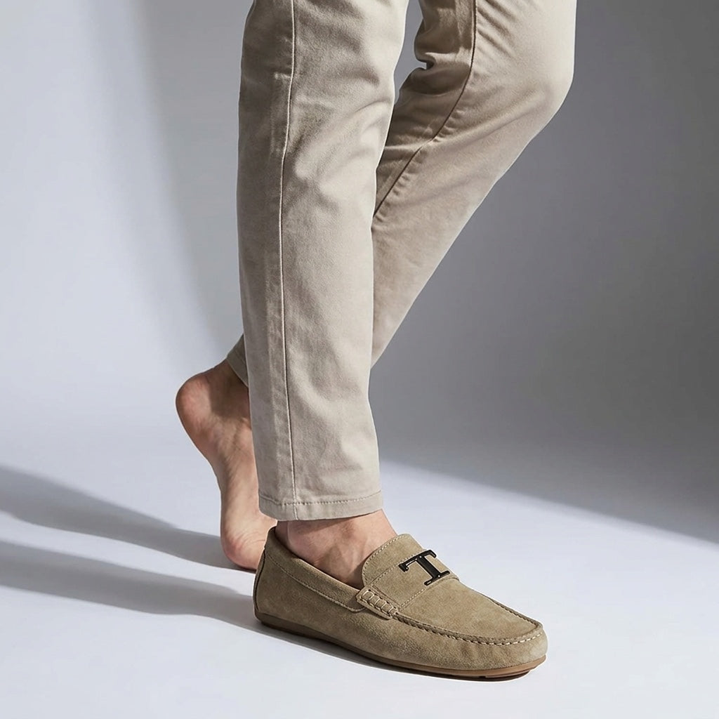 Lavagna Suede Loafers — Khaki, male model knee-down studio