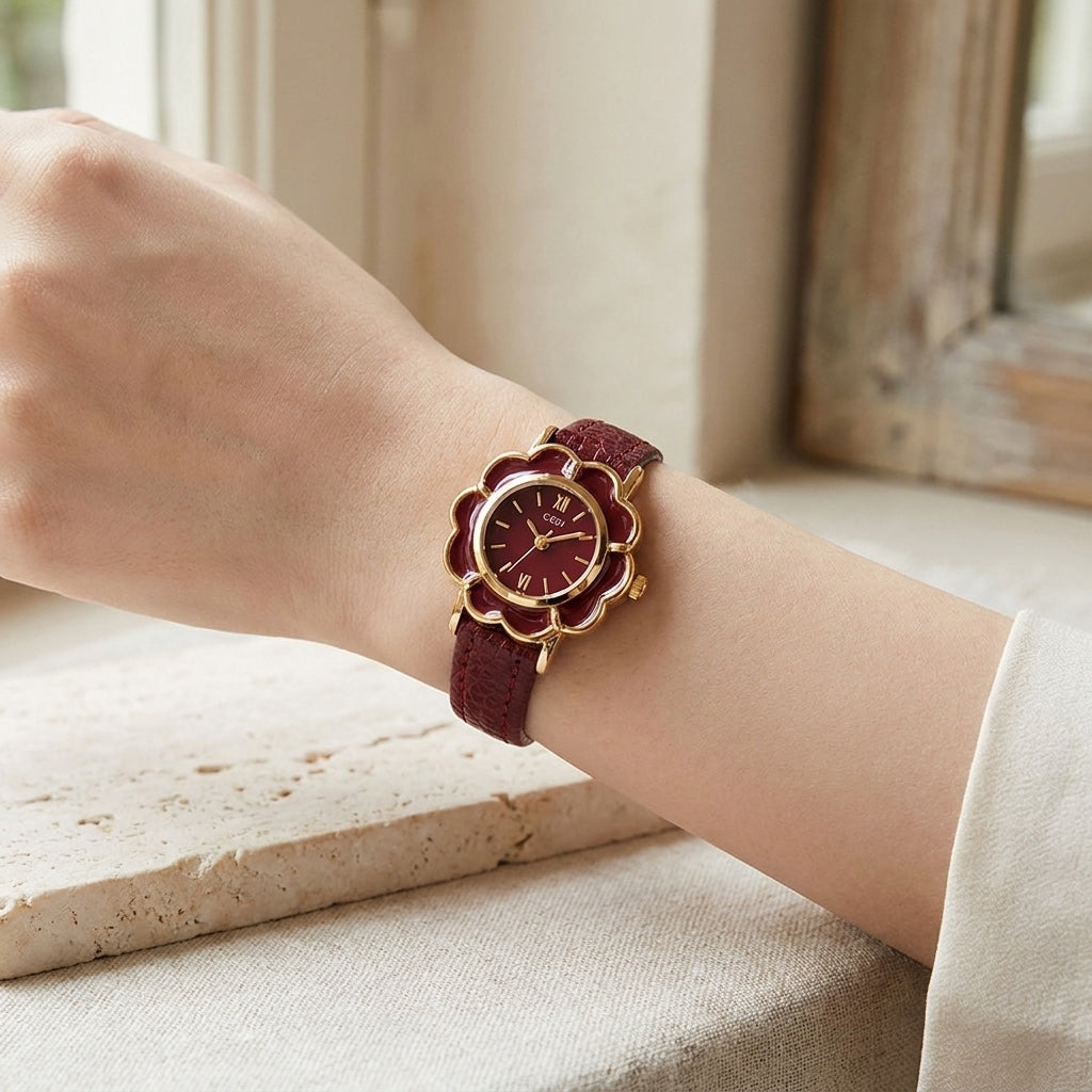 Bevagna Flower Watch — Red, lifestyle wrist shot