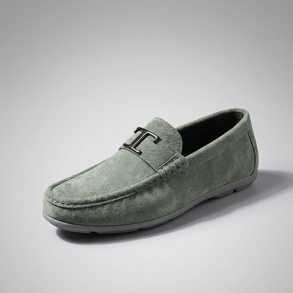 Lavagna Suede Loafers — Green, three-quarter studio view
