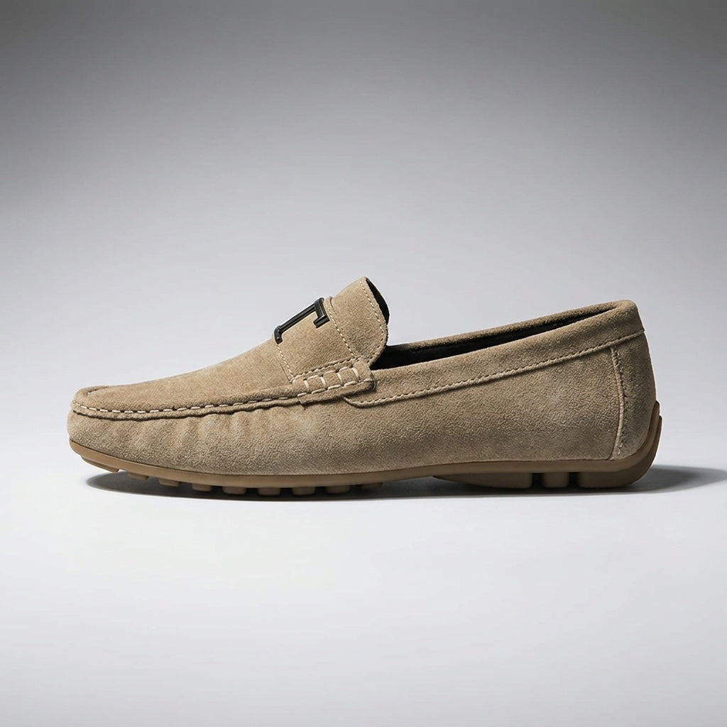 Lavagna Suede Loafers — Khaki, side profile studio view