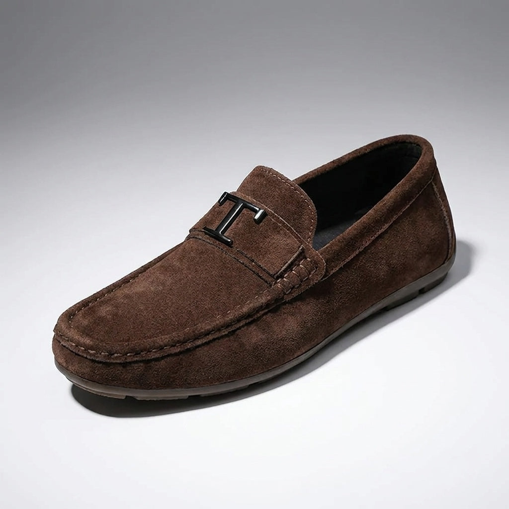 Lavagna Suede Loafers — Brown, three-quarter studio view