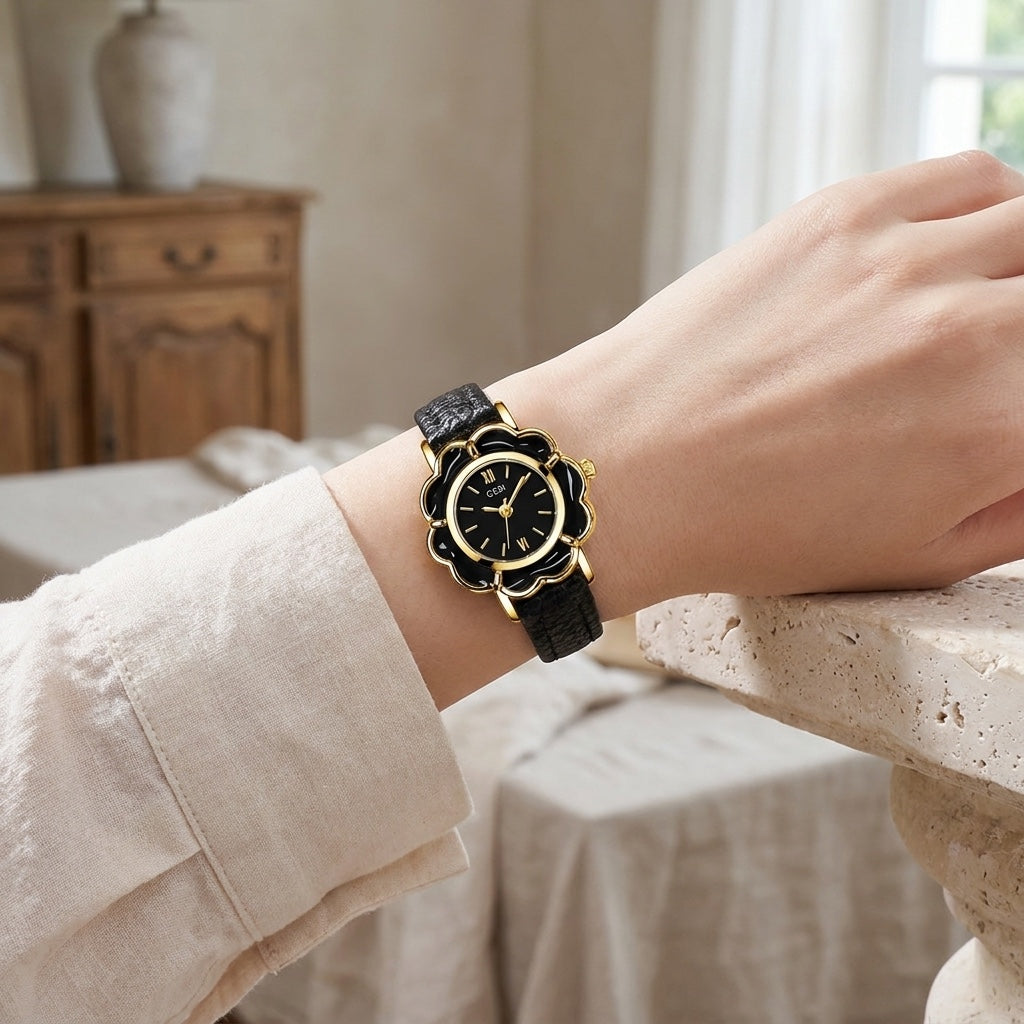 Bevagna Flower Watch — Black, lifestyle wrist shot