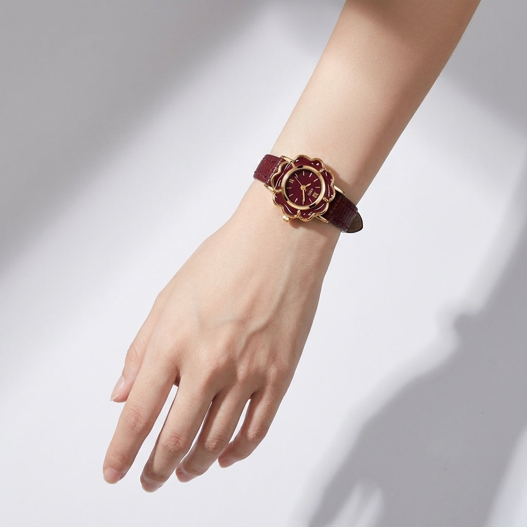 Bevagna Flower Watch — Red, wrist studio shot
