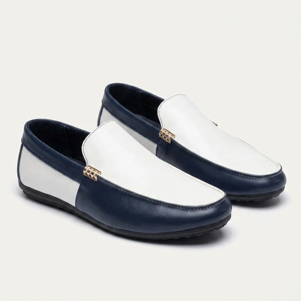 Stresa Two-Tone Loafers — Navy & White, three-quarter studio view