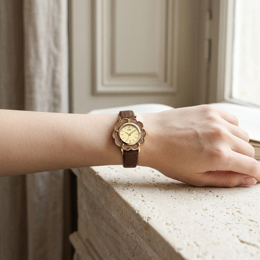 Bevagna Flower Watch — Coffee, lifestyle wrist shot
