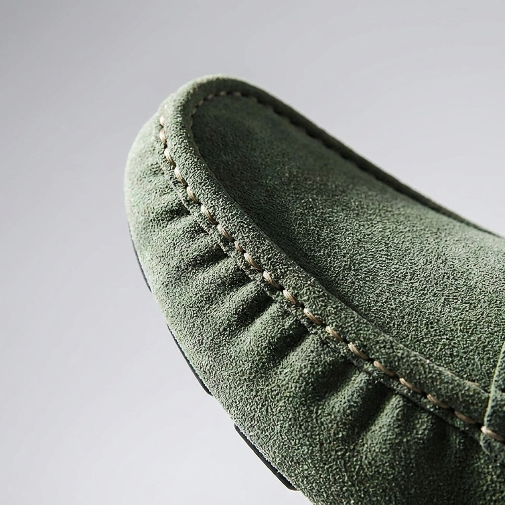 Lavagna Suede Loafers — Green, hand-stitched seam close-up