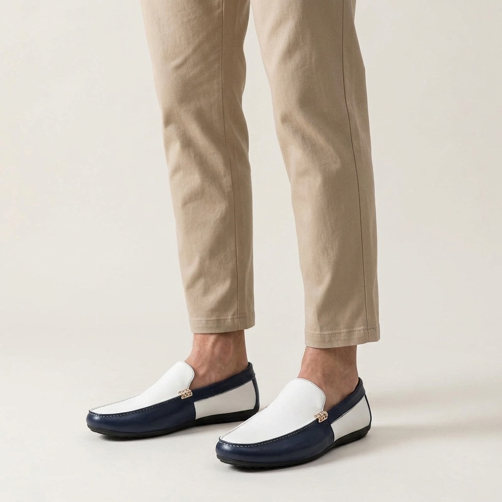 Stresa Two-Tone Loafers — Navy & White, worn with beige chinos, studio