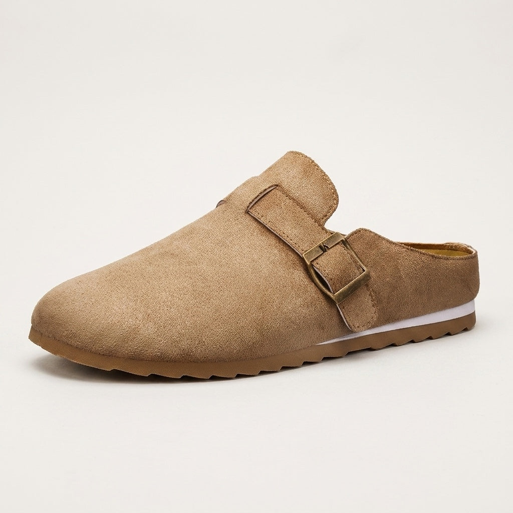 Tivoli Suede Mules — Camel, three-quarter studio view