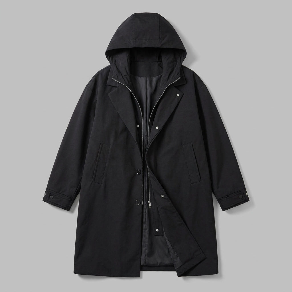 Ashford Overcoat — Black, flat lay front on grey seamless