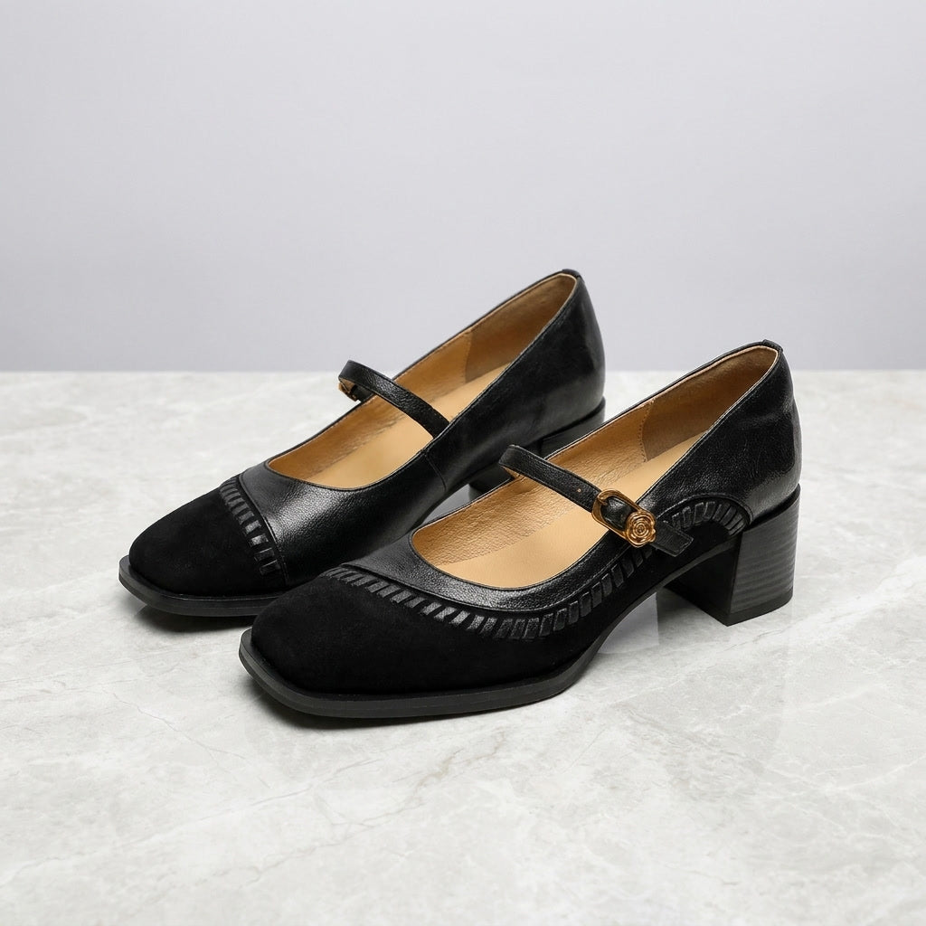 Lodi Buckle Mary Janes — Black, pair on marble