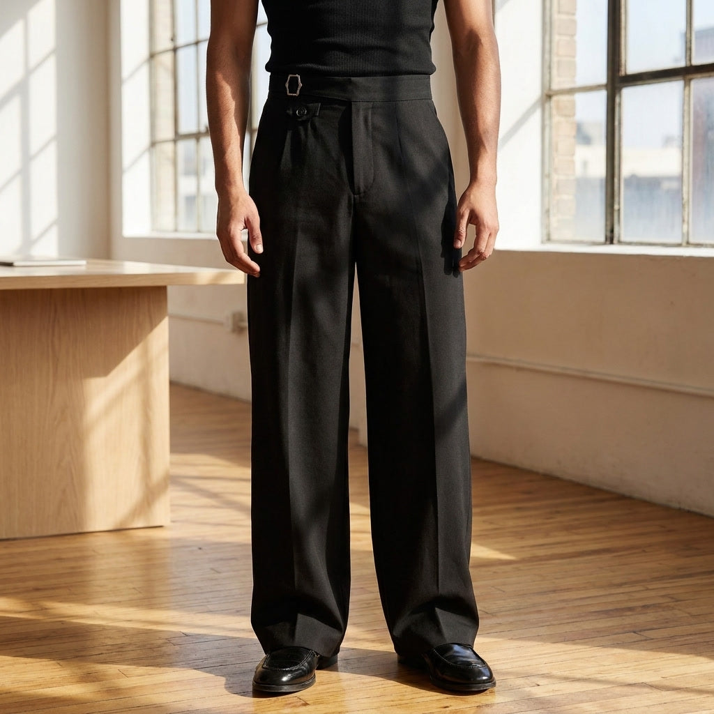 Treviso Pleated Trousers — Black, lifestyle waist-down hero