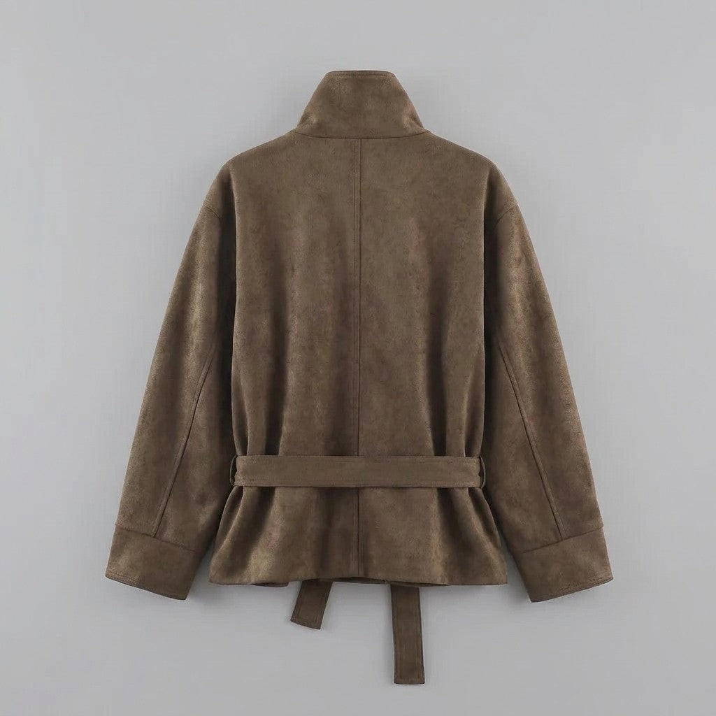 Women's Belted Suede Office Jacket — brown, flat lay back on grey studio