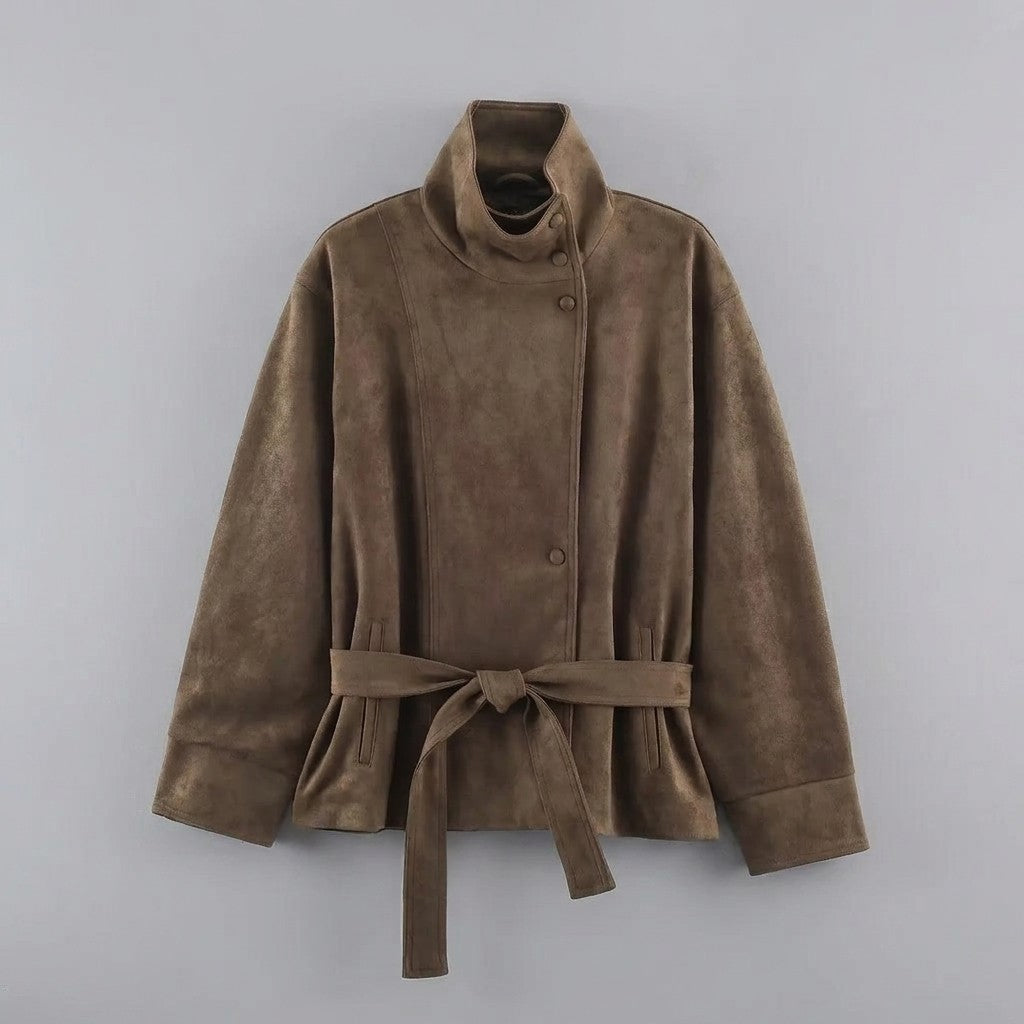 Women's Belted Suede Office Jacket — brown, flat lay front on grey studio
