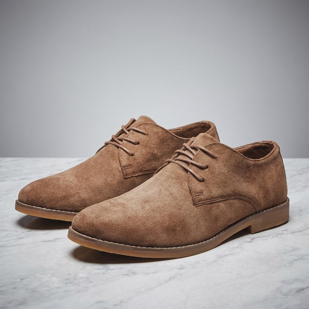 Lecce Suede Oxfords — Brown, pair on marble