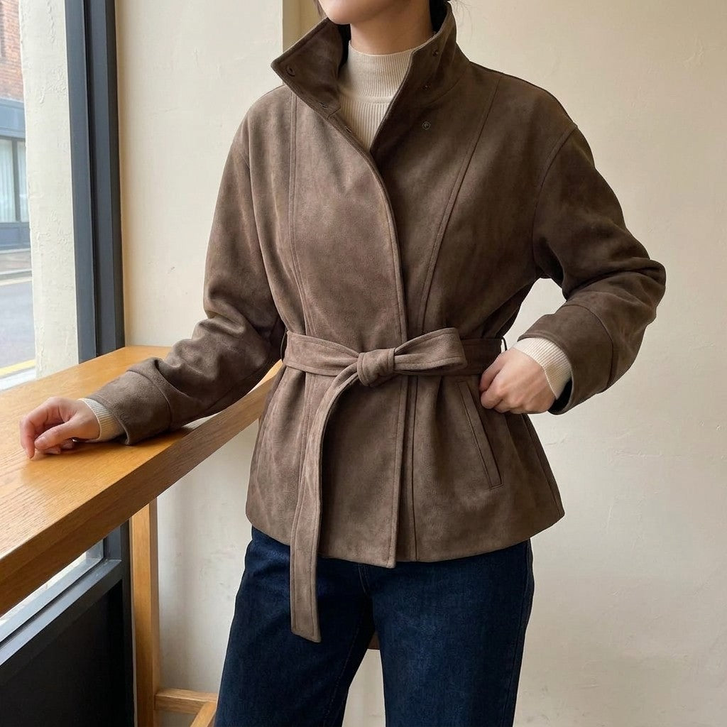 Women's Belted Suede Office Jacket — brown, on-model worn detail in quiet cafe