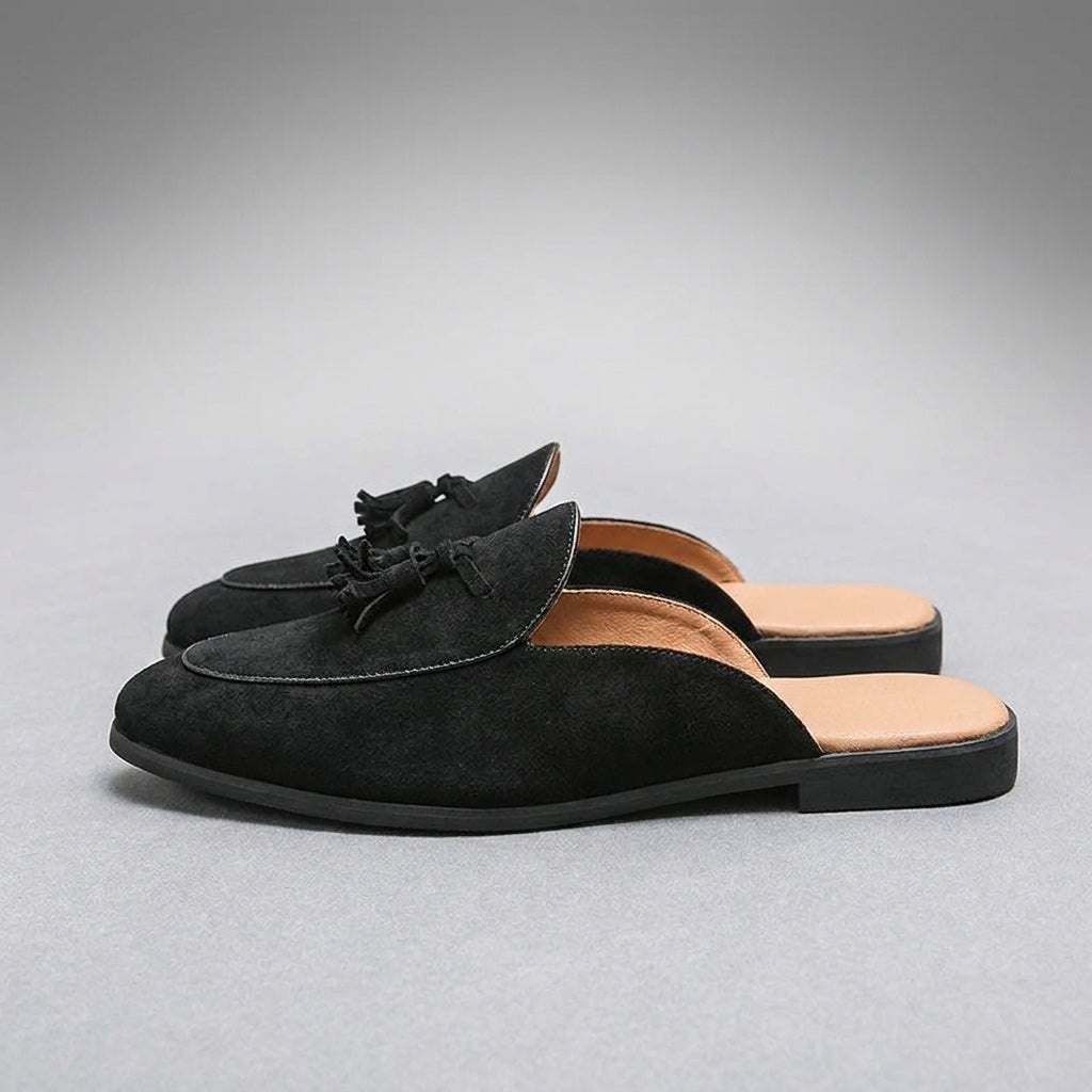 Pienza Suede Mules — Black, side profile, full silhouette toe to heel