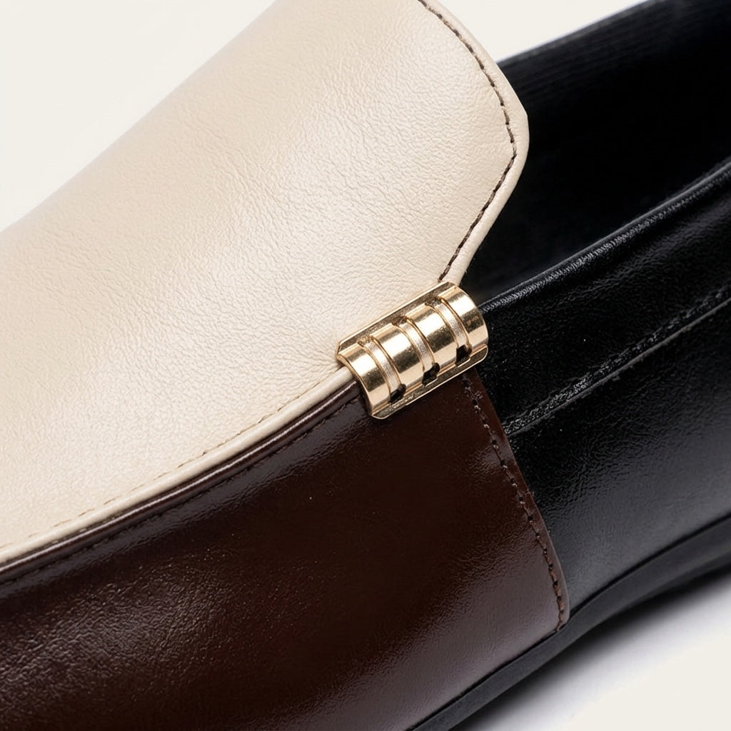 Stresa Two-Tone Loafers — Cream & Brown, gold vamp bar close-up