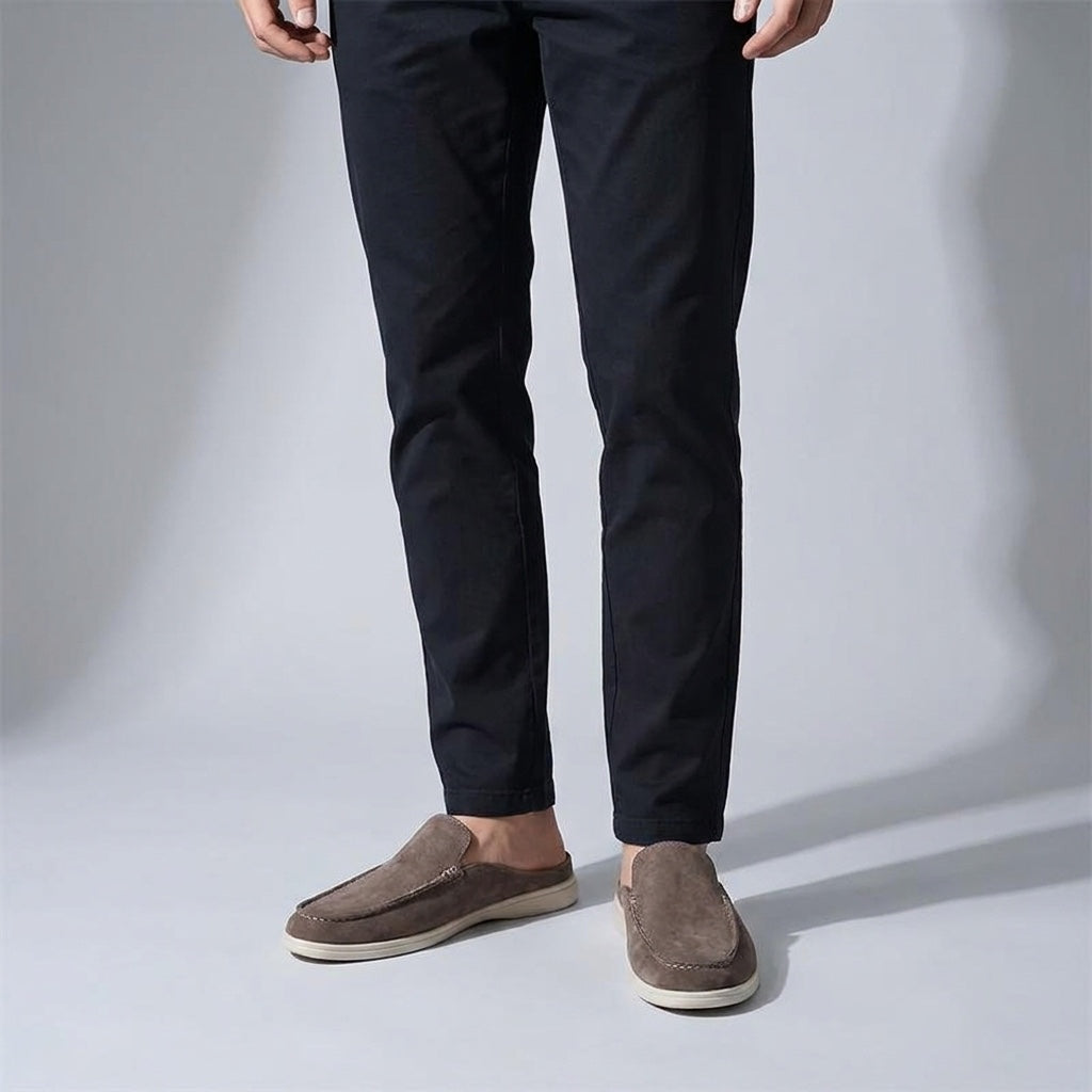 Falmouth Suede Loafers — Brown, male model knee-down studio