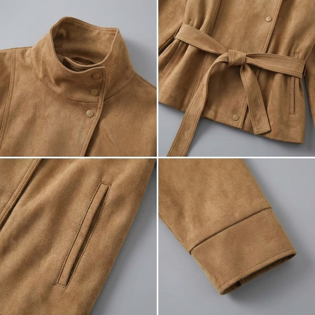 Women's Belted Suede Office Jacket — camel, studio construction detail crop