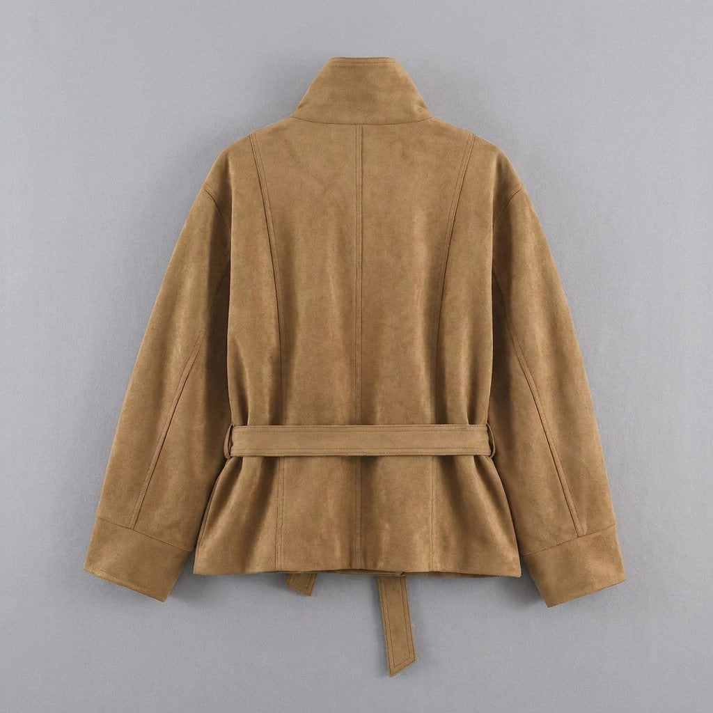 Women's Belted Suede Office Jacket — camel, flat lay back on grey studio
