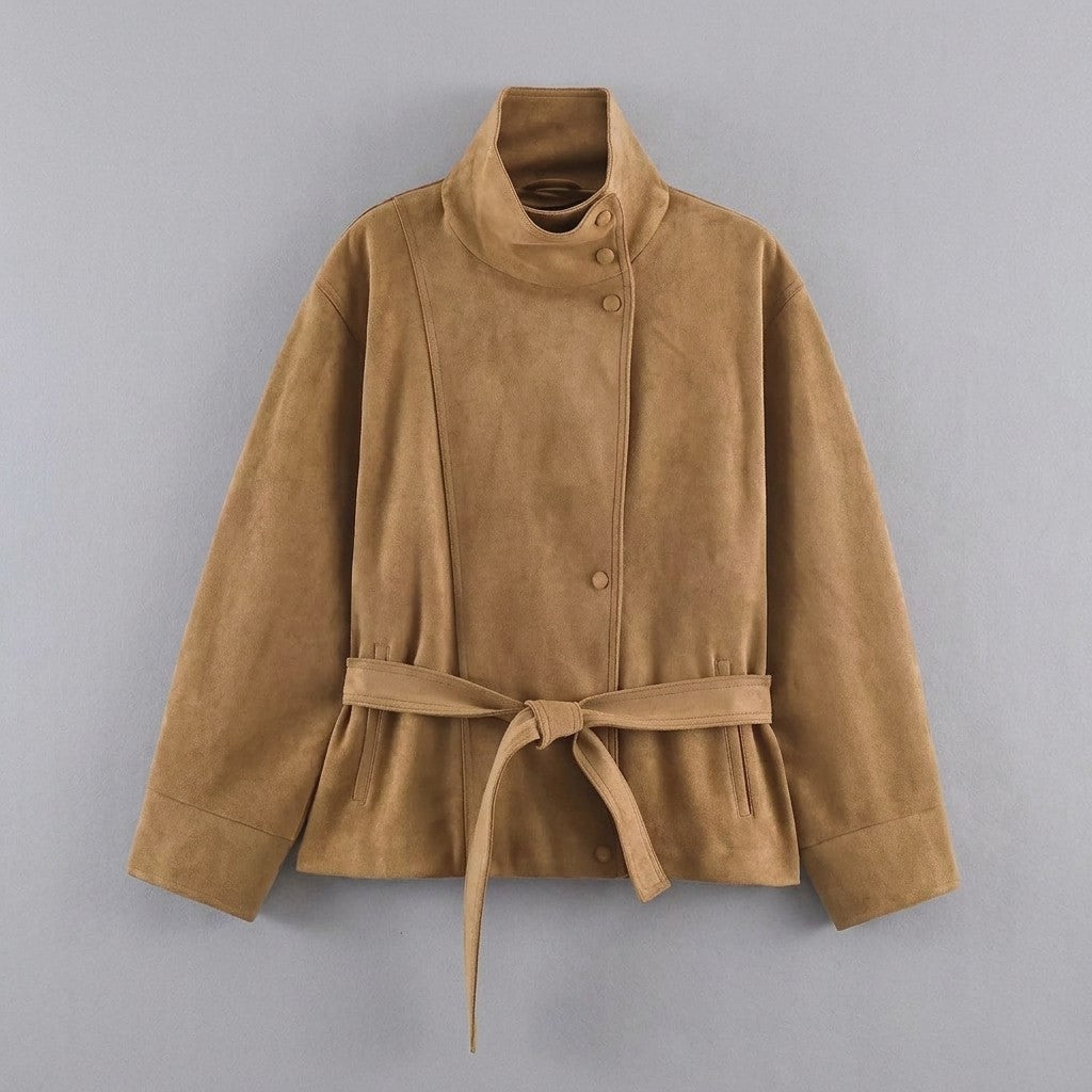 Women's Belted Suede Office Jacket — camel, flat lay front on grey studio