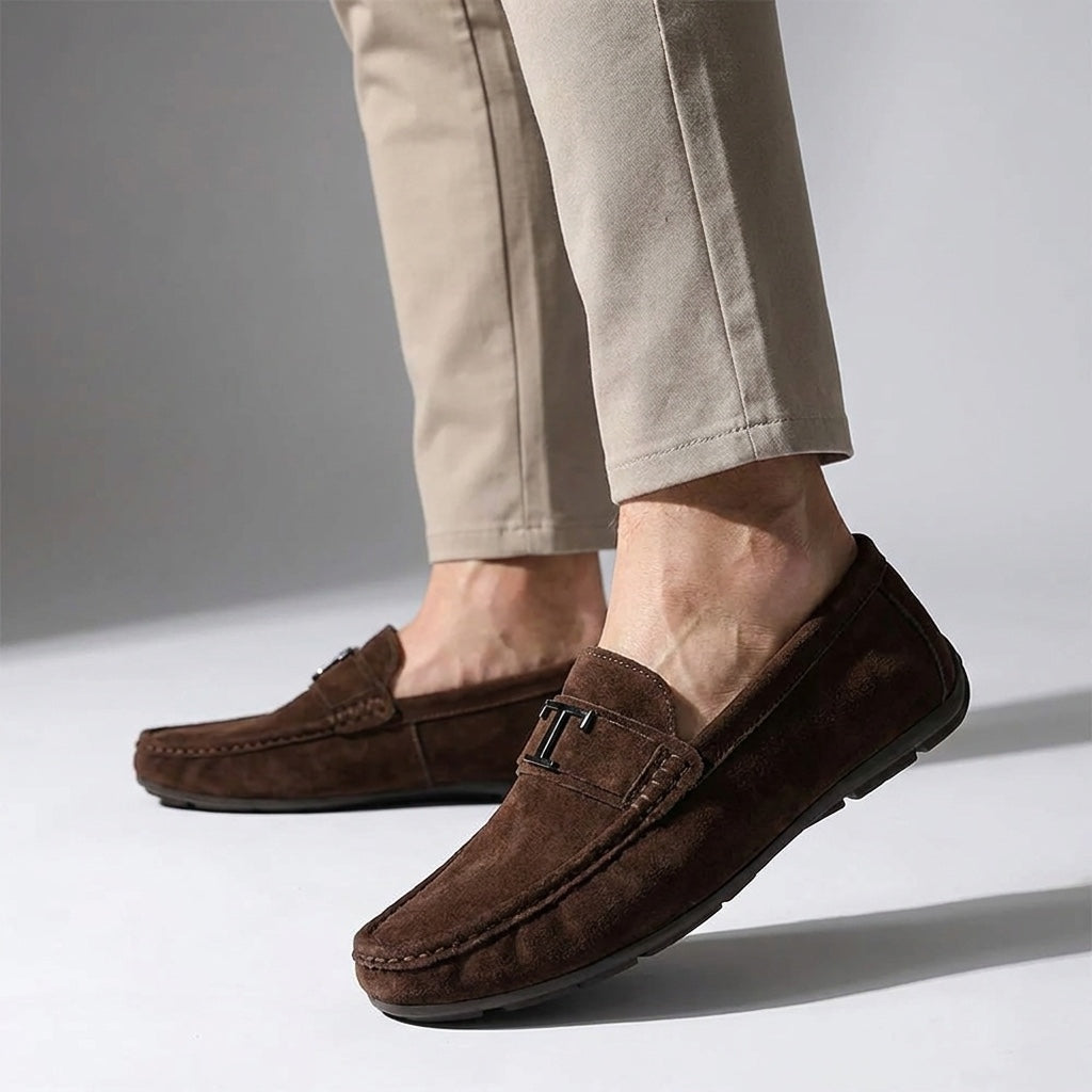 Lavagna Suede Loafers — Brown, male model knee-down studio
