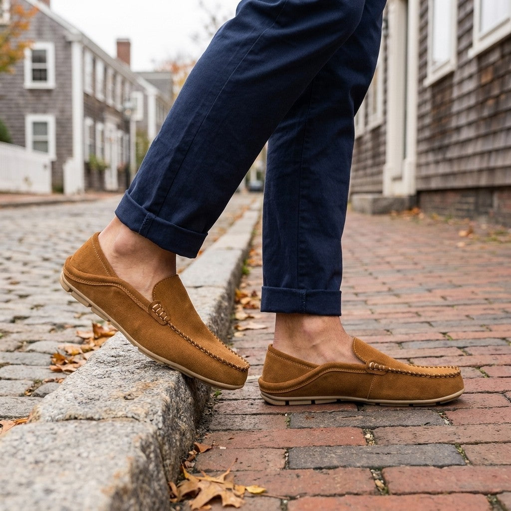 Cervia Suede Loafers — Apricot, worn sockless with cuffed navy chinos on a cobblestone street curb