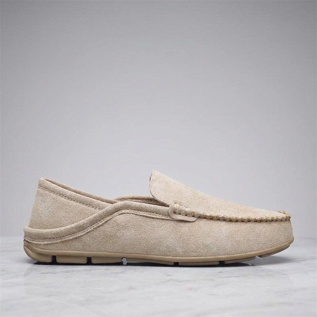 Cervia Suede Loafers — Khaki, single loafer in side profile on light grey marble