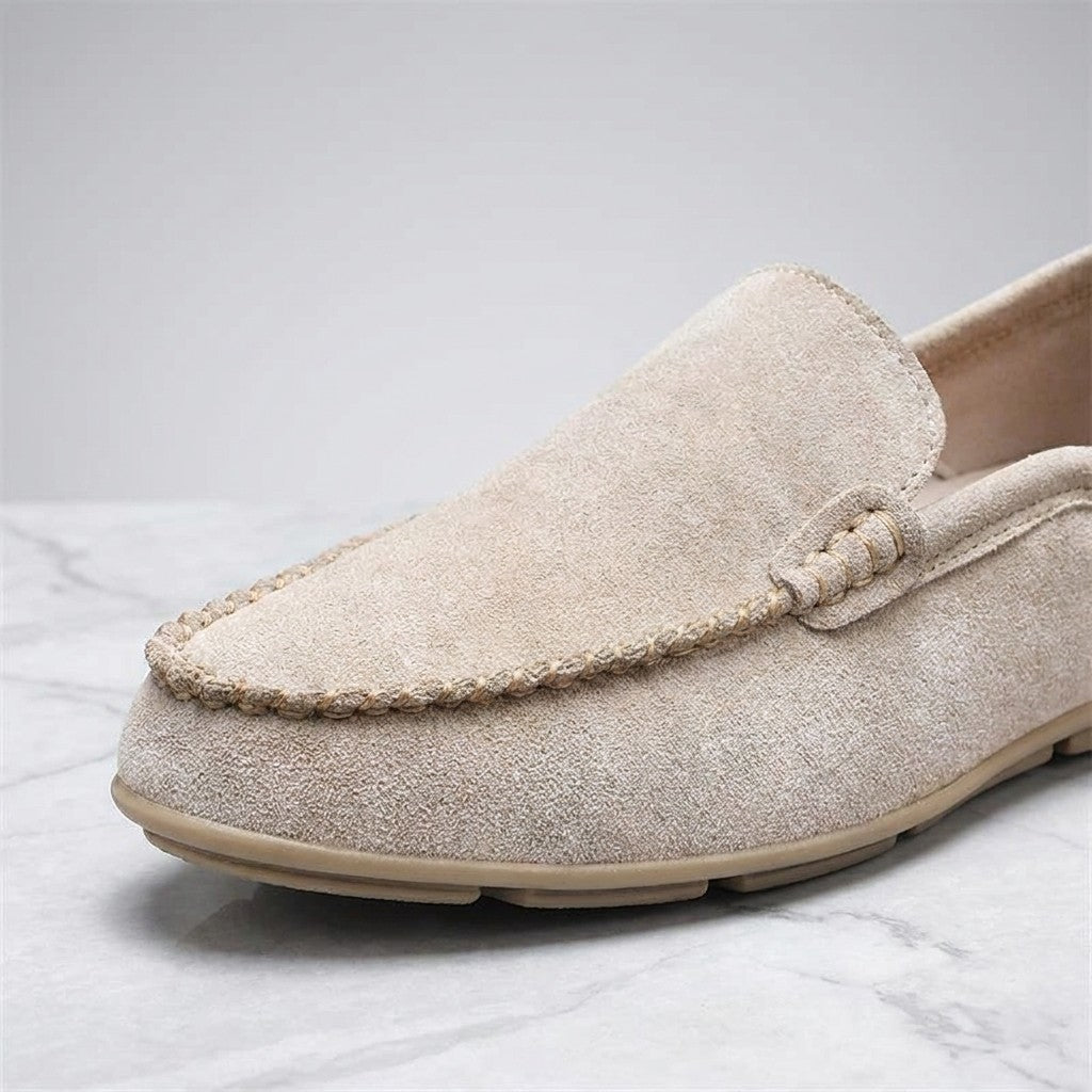Cervia Suede Loafers — Khaki, close-up of the suede and whipstitched toe