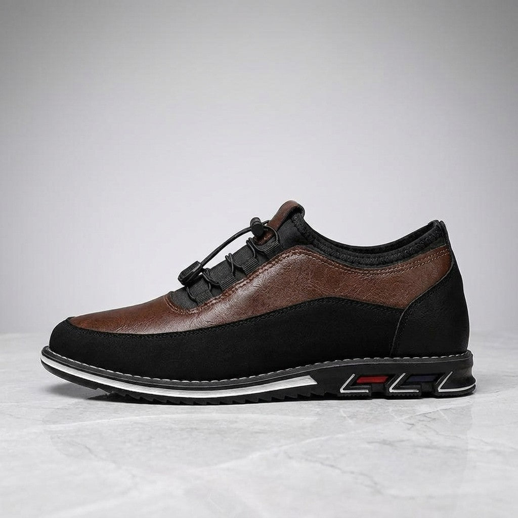 Fondi Leather Dress Shoes — Chestnut Brown, single shoe in side profile on light-grey marble
