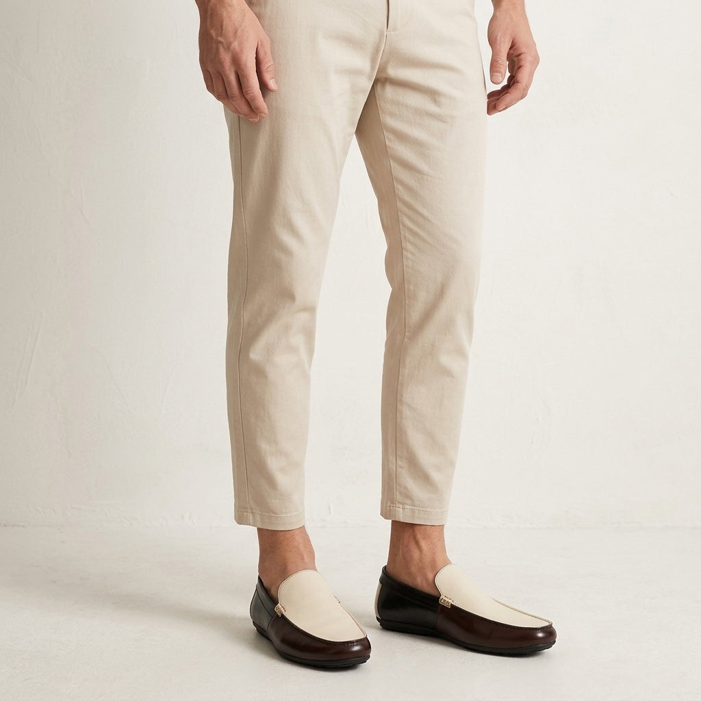 Stresa Two-Tone Loafers — Cream & Brown, worn with beige chinos, studio