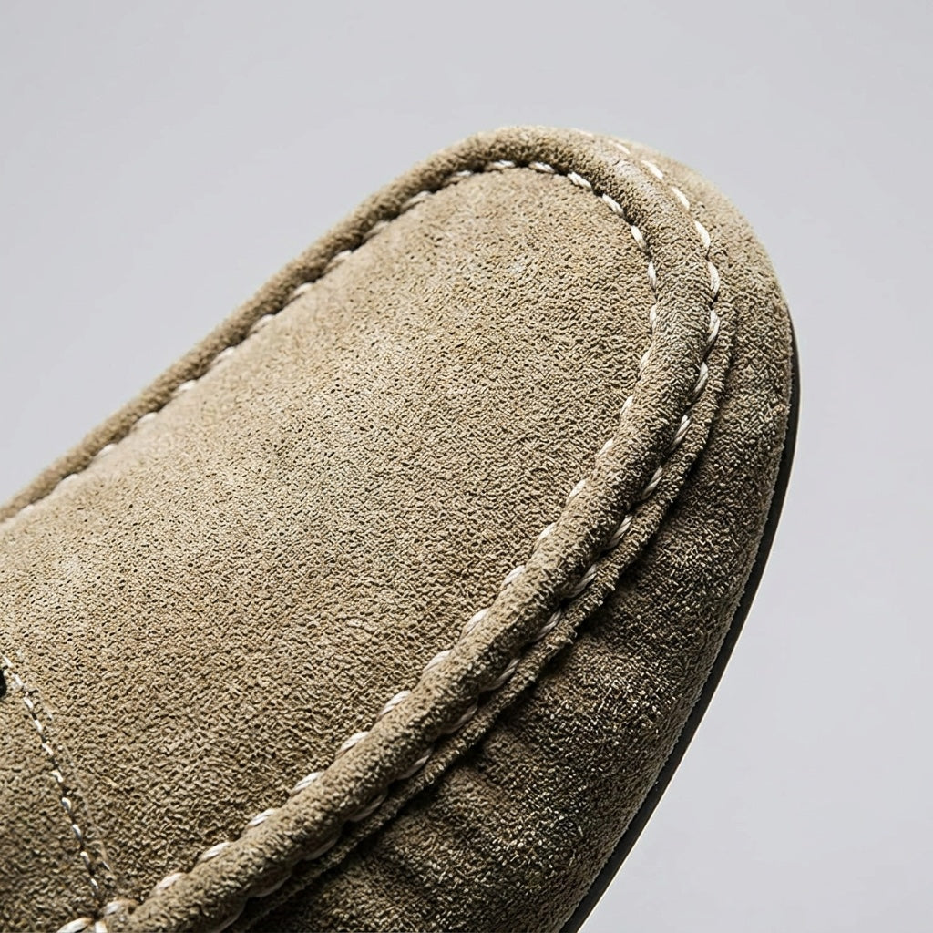 Lavagna Suede Loafers — Khaki, hand-stitched seam close-up