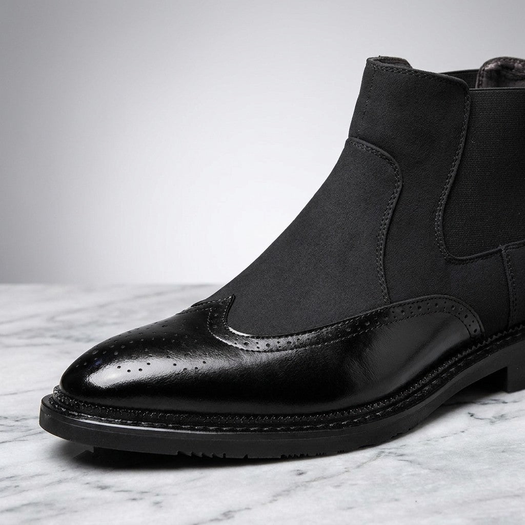 Dozza Brogue Chelsea Boots — Black, close-up of the brogue toe cap, suede shaft and elastic side panel