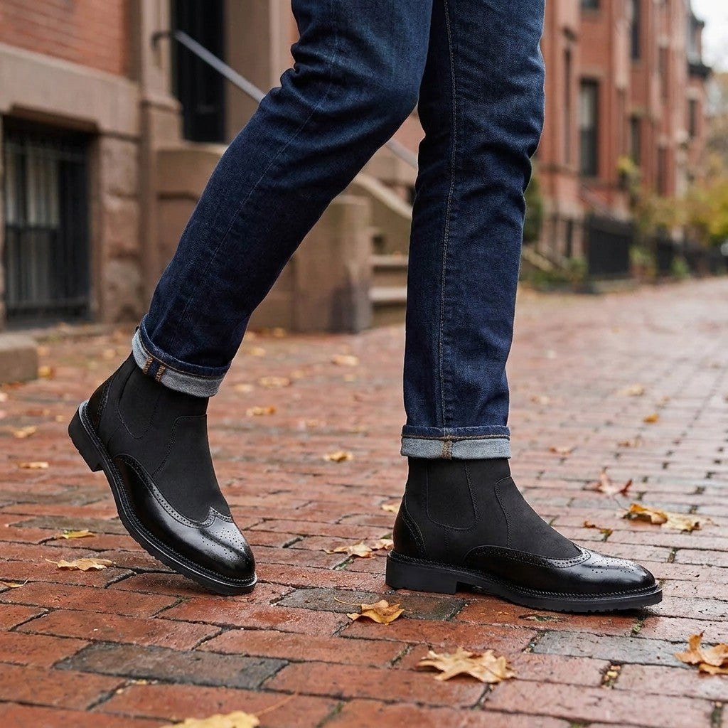 Dozza Brogue Chelsea Boots — Black, worn with cuffed dark jeans on a brick sidewalk in Boston's Back Bay