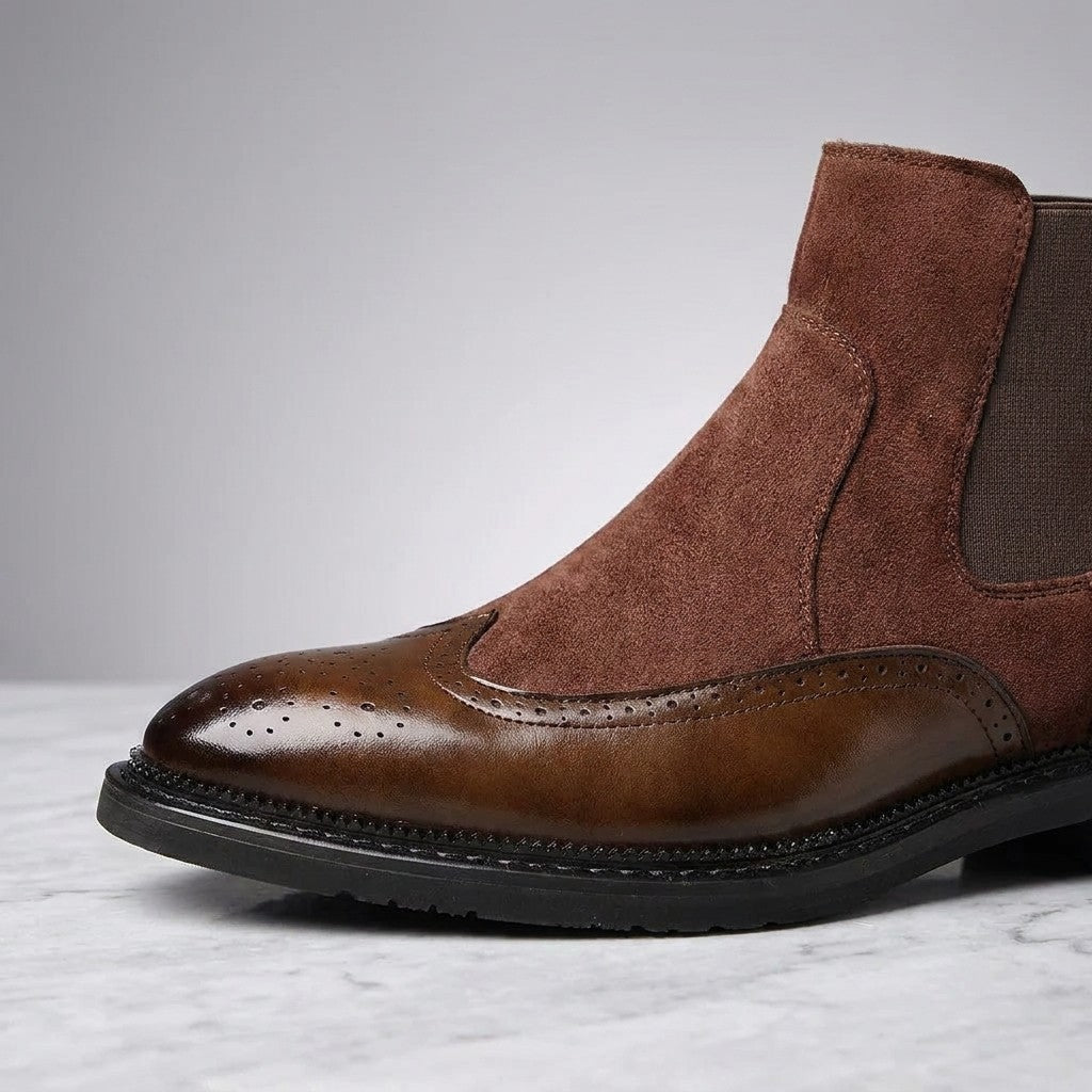 Dozza Brogue Chelsea Boots — Brown, close-up of the brogue toe cap, suede shaft and elastic side panel