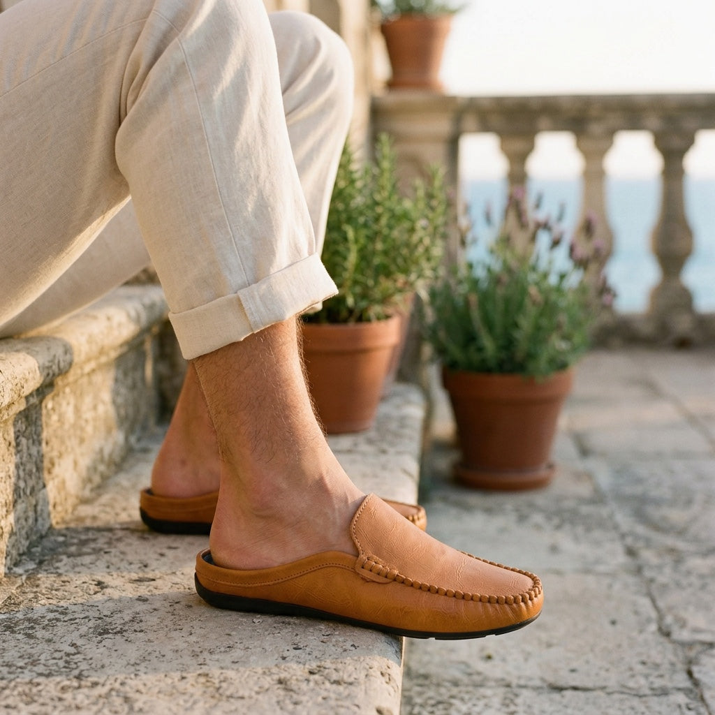 Maiori Leather Mules — Tan, coastal terrace with lavender