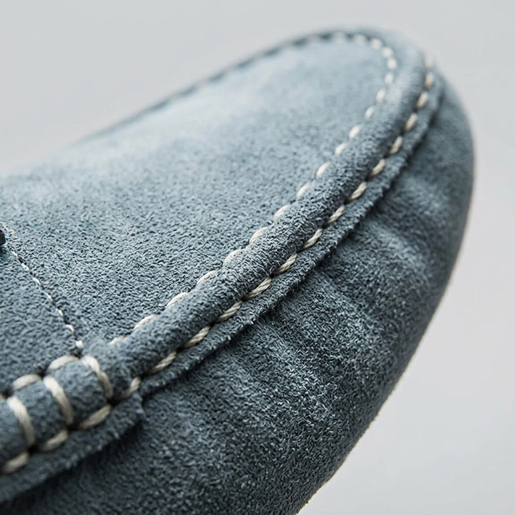 Lavagna Suede Loafers — Blue, hand-stitched seam close-up
